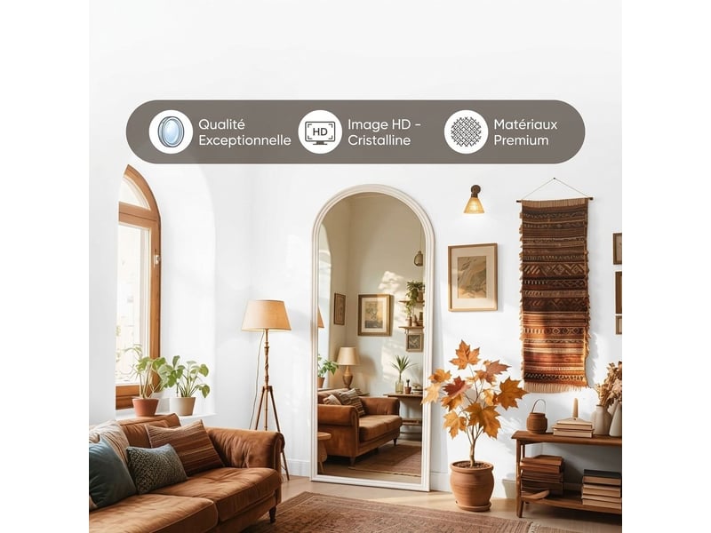 Miroir sur pied arqué pleine longueur 160 x 50 cm – grand miroir psyché autoportant avec cadre en bois massif et verre hd anti-déformation pour chambre, dressing et salon – blanc - Conforama C