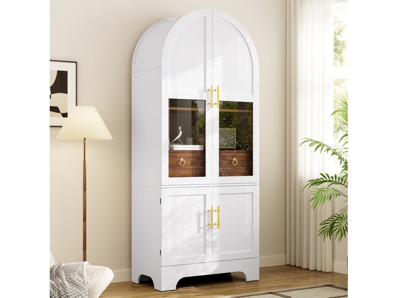 Buffet 76x40x180 cm avec façade en verre, éclairage led, 4 portes et 1 tiroir, en mdf et panneau de particules, blanc - Conforama B