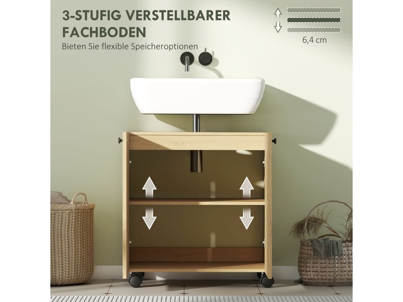 Meuble sous vasque 2 portes, étagère réglable et roulettes verrouillables, salle de bain, bois naturel 71.5×46.5×15.5 cm  - Conforama E