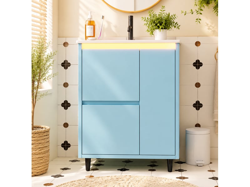  Meuble vasque sur pied 61x46,5x87 cm avec 2 tiroirs coloris bleu  - Conforama D