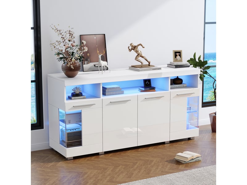 Buffet de salon blanc brillant avec éclairage led intégré, portes en verre trempé et rangement 140 x 40 x 70 cm - Conforama B