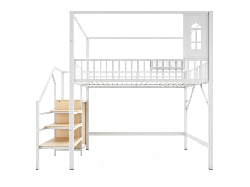 Lit mezzanine 140x200 cm en métal - échelle avec rangements - espace sous lit 135 cm - structure toit - blanc - Conforama E
