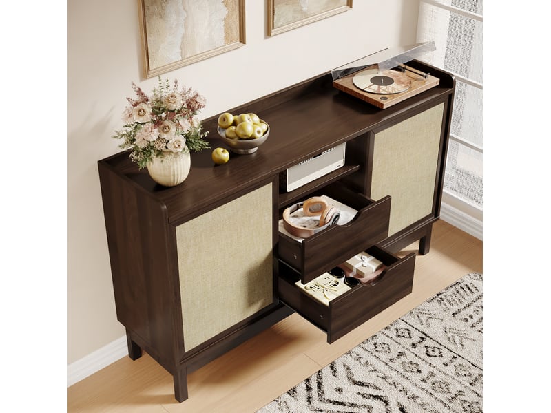  Buffet bas ulevr avec portes coulissantes, 2 tiroirs et rangements ouverts, 150 x 39,5 x 80 cm, panneaux de particules naturel  - Conforama D