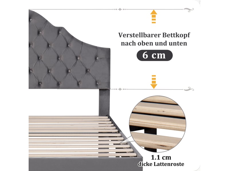  Lit simple rembourré 90 x 200 cm, sommier à lattes, tête de lit réglable en hauteur, velours gris evarich - Conforama C
