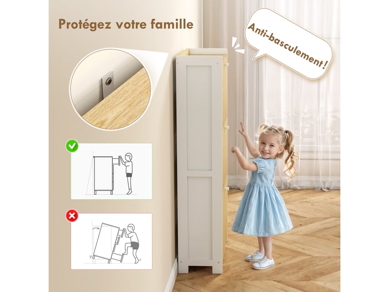  Meuble à chaussures 18 paires avec 3 tiroirs rabattables, portes en bambou à lattes, blanc et bois naturel, 60x24x118cm  - Conforama W