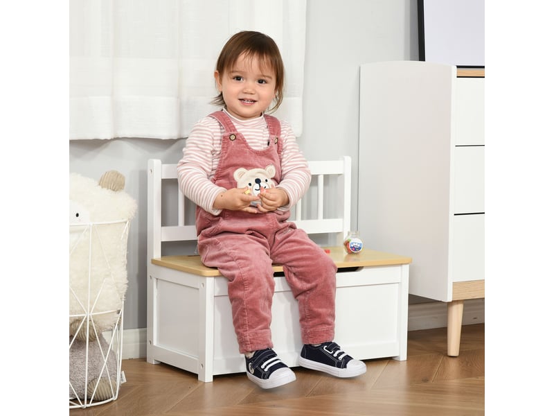  Coffre de rangement enfant 2 en 1 en bois avec serrure de sécurité, 60 x 30 x 50 cm, blanc et bois naturel  - Conforama B