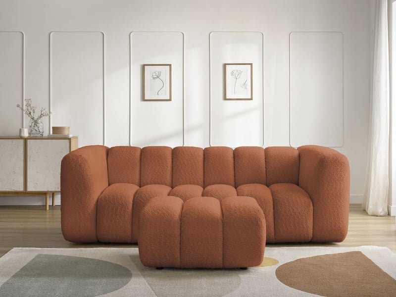 Bobochic canapé droit fixe 3 places talia tissu bouclette avec pouf orange TALIA - Conforama D