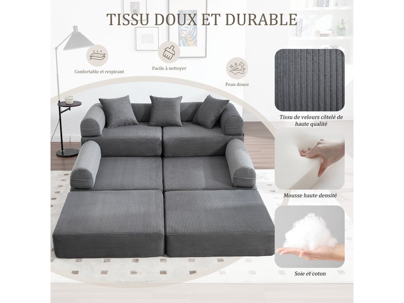 Canapé modulable gris foncé en velours côtelé 270x180x64 cm, compressé, avec poche de rangement, salon W2845S00495 - Conforama E