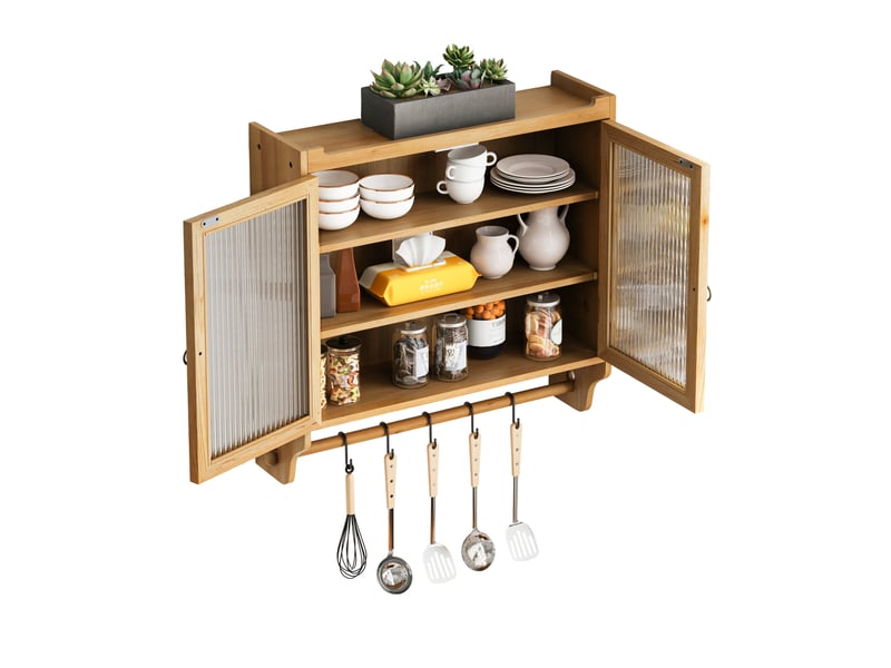  Armoire murale à fixer, 2 portes vitrées, 3 étagères amovibles pour salle de bain, bois naturel, 63 × 60 × 18 cm  - Conforama A