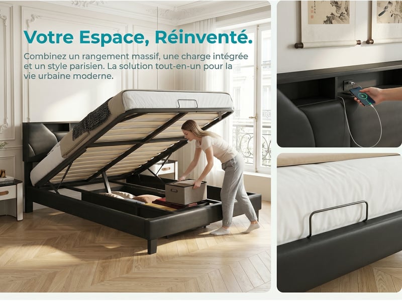Lit coffre 140x200 cm - tissu lin gris avec led rgb, prises, étagère et rangement - Conforama E