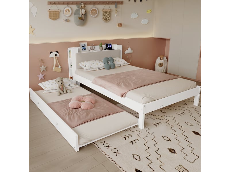 Lit gigogne 120x200cm - avec lit gigogne 90x190 en bois avec tiroir , tête de lit rembourrée, rangement, prises - blanc  - Conforama D