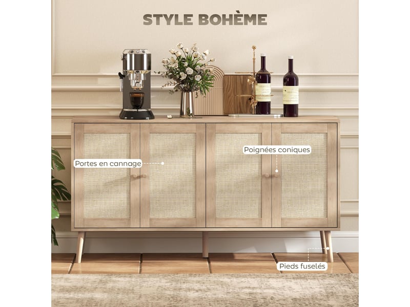  Buffet avec portes en cannage étagères réglables effet bois naturel 140 x 40 x 75 cm  - Conforama E