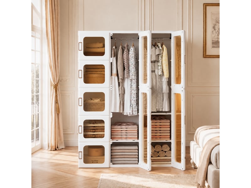  Armoire portable pliable, 15 cubes 11 portes 2 tringles, avec portes transparentes, 104x50x170 cm, corps en matériau pp, rangement chambre, blanc, plastique pp pet 12 cubes 8 portes 2 penderies, blanc  - Conforama C