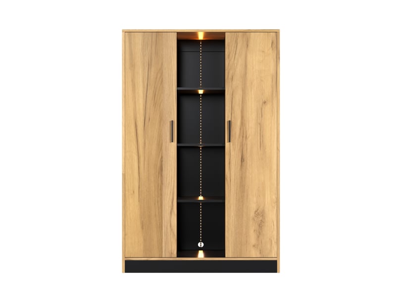  Vitrine haute de rangement 95 x 35 x 160 cm – chêne clair et noir – led réglable et portes soft-close  - Conforama D