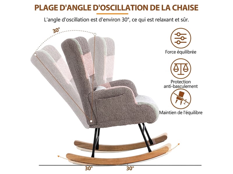  Fauteuil à bascule multicolore avec repose-pieds, cadre en bois d'hévéa, coussin inclus, 93 cm  - Conforama W
