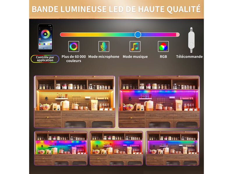  Buffet haut 145 x 39 x 171 cm , led rgb avec application, 4 portes et 5 tiroirs, étagères en verre, bois foncé  - Conforama E