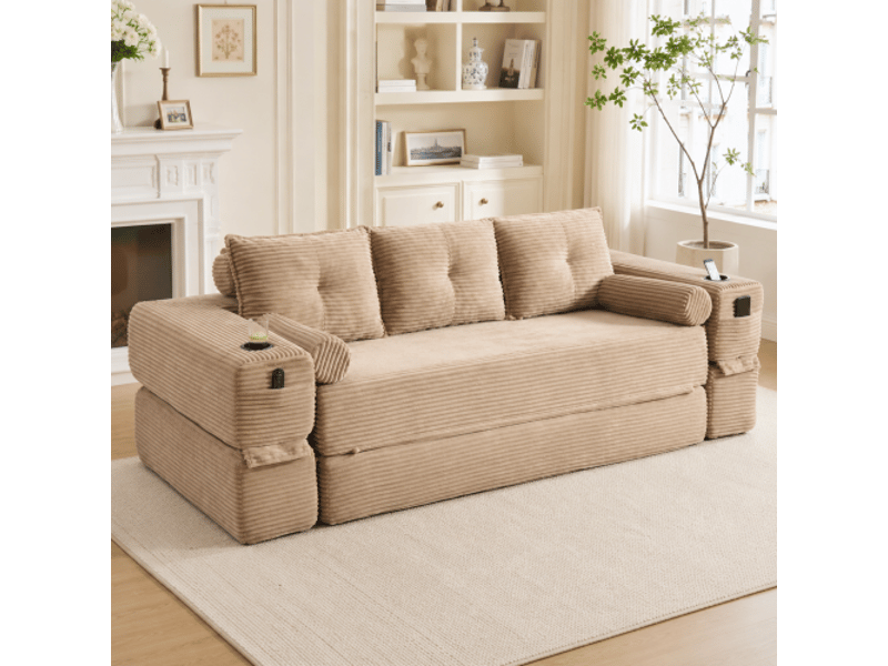  Canapé convertible modulaire avec poches latérales, porte-gobelet et coussins, en velours côtelé kaki  - Conforama C
