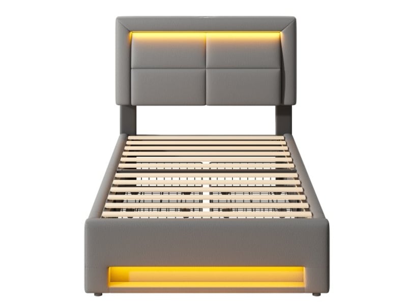  Lit enfant 90x190 cm, lit simple rembourré avec port usb, éclairage led et 4 tiroirs, en pu gris, sans matelas  - Conforama E
