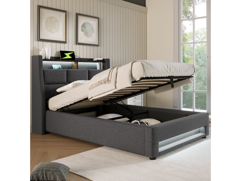  Lit coffre 90x200 cm en coton et lin, lit simple avec usb, led réglable et étagère, sans matelas, gris  - Conforama C