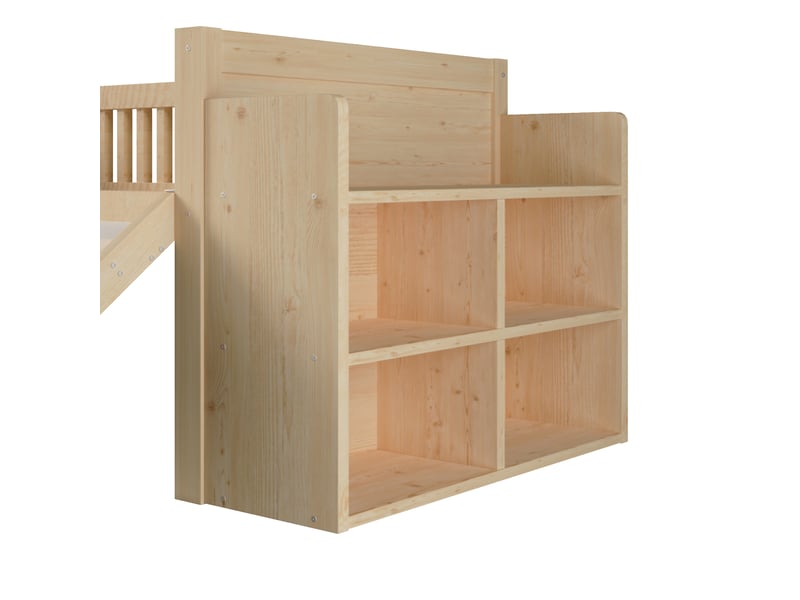  Lit mezzanine 90x200 cm, lit combiné, toboggan, échelle d’escalade, rangement latéral ouvert, design moderne, bois naturel CozyNest - Conforama E