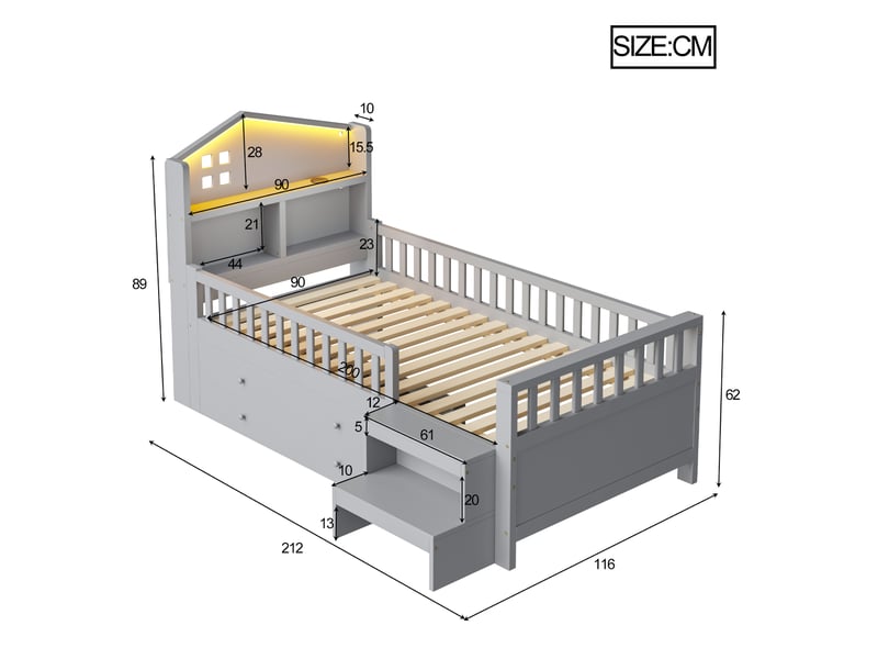  Lit avec rangement 90x200 cm coloris gris led bois massif lit enfant gris - Conforama C