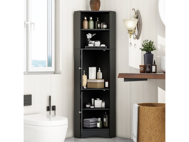  Colonne sdb 36,5x10x155 cm, meuble d'angle avec rangement, étagère réglable et portes, aggloméré, noir  - Conforama B