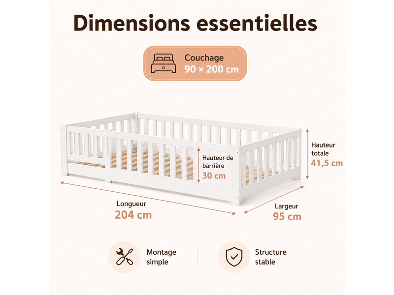  Lit enfant - cadre de lit au sol - 90 x 200 cm - bois de pin massif - avec barrière de sécurité et porte -  lit au sol enfant 90x200 cm - lit simple avec sommier à lattes - protection contre les chutes - lit au sol pour enfant -…  - Conforama R