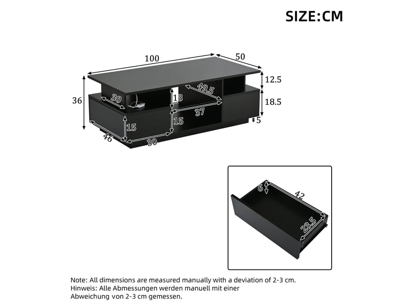  Table basse avec 2 tiroirs, rangement ouvert, led et plateau en verre pour salon en panneau de particules noir  - Conforama C
