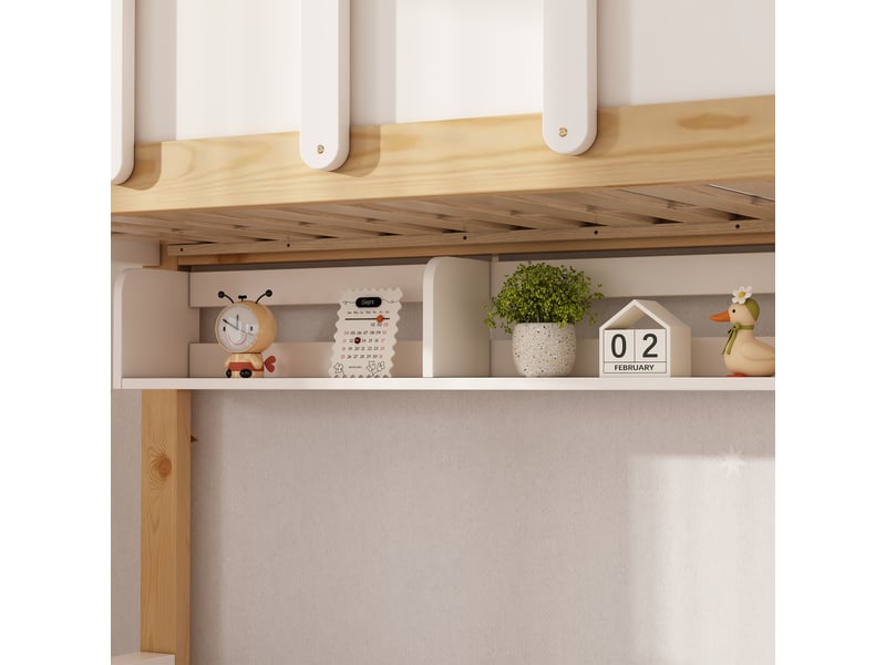  Lit superposé enfant en bois avec escalier de rangement, couchages 90 x 200 et 140 x 200 cm, blanc et naturel  - Conforama R