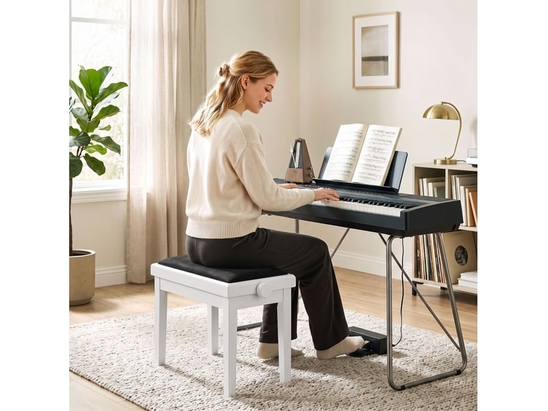  Tabouret de piano à hauteur réglable 61,5x33 cm – blanc et noir – assise rembourrée effet velours confortable  - Conforama D