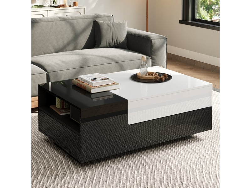 Table basse noir et blanc 100x50cm, table de salon avec tiroir et plateau coulissant, design géométrique finition brillante - Conforama W