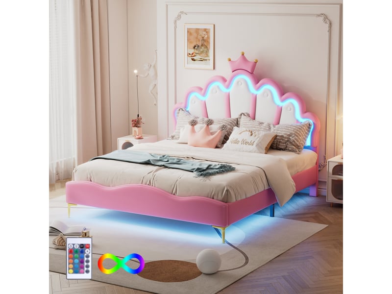  Lit double 140x200,lit princesse,lit de couronne,tête de lit en forme de couronne,bande lumineuse led réglable,pu,rose  - Conforama E