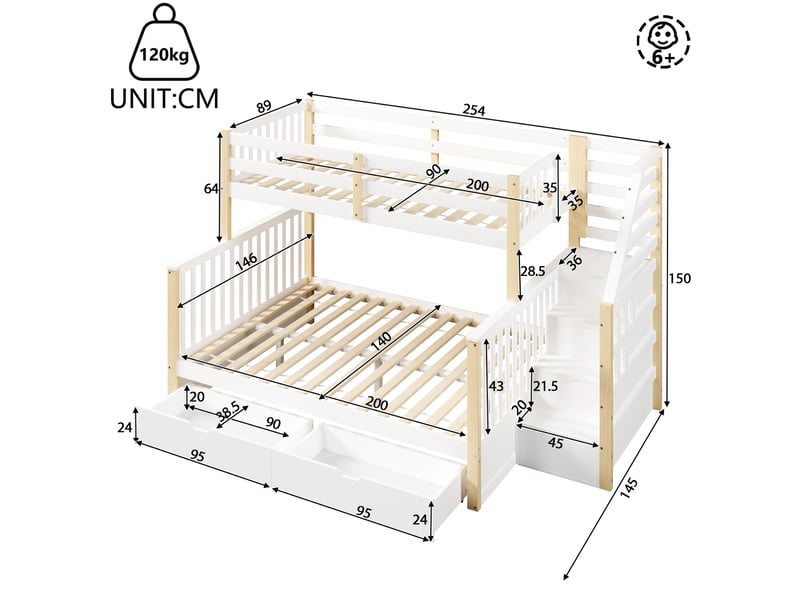  Lit superposé enfant 90x200 et 140x200 cm avec rangements blanc et naturel  - Conforama C