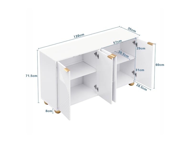  Buffet 4 portes - étagères réglables, poignées métal, pieds boule - rangement pratique - blanc  - Conforama D