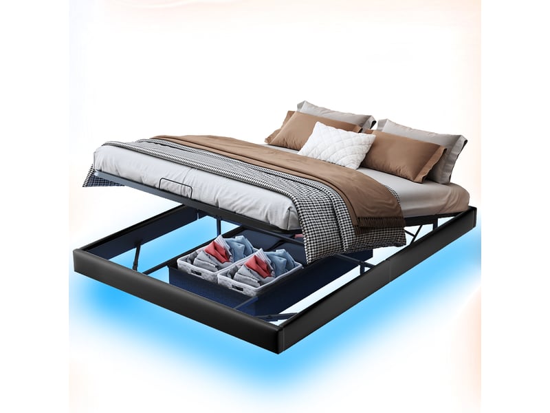  Cadre de lit coffre sans tête de lit - 160 x 200 cm-noir - avec éclairage led sous le lit, prises et vérins hydrauliques  - Conforama A