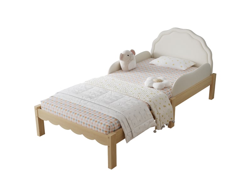  Lit enfant 90x200 cm beige et bois avec tête de lit pu et barrières latérales  - Conforama A