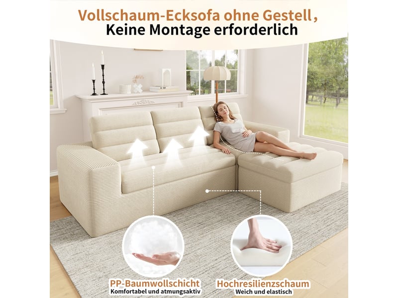  Canapé d'angle modulaire en forme de l sans cadre en velours côtelé beige pour salon et appartement  - Conforama E