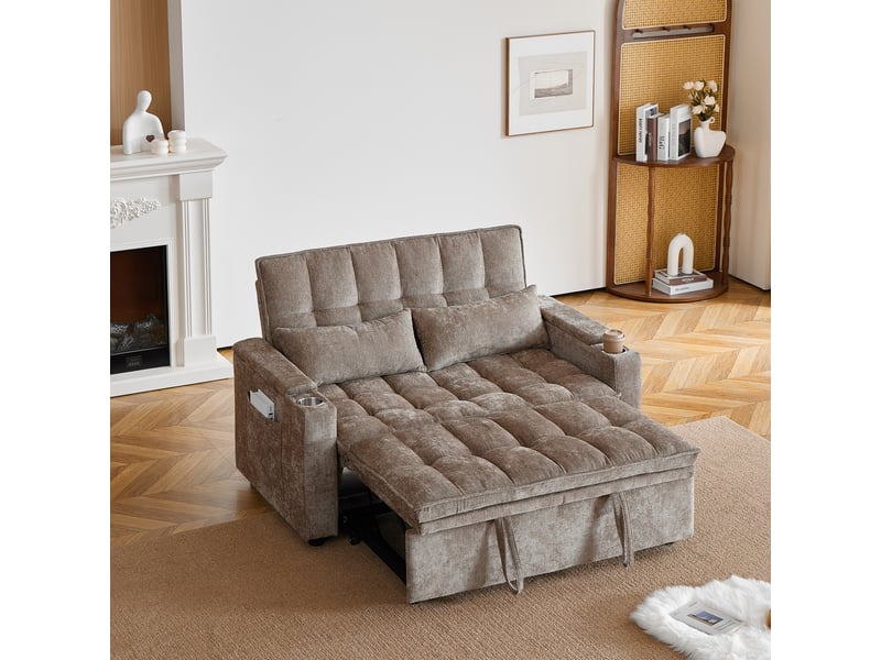  Canapé-lit 3-en-1 142x89x89 cm en chenille marron avec rangements  - Conforama B