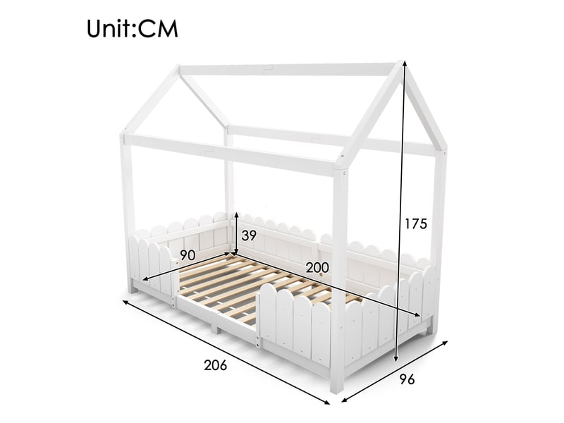 Lit cabane enfant 90x200 cm, garde-corps et sommier, design minimaliste, bois blanc, sans matelas - Conforama C