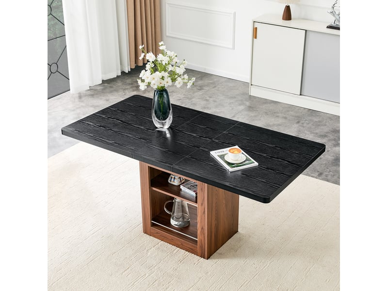  Table extensible avec 2 niveaux de rangement, plateau noir et piètement noyer pour salle à manger, 160 × 80 × 75,5 cm  - Conforama C