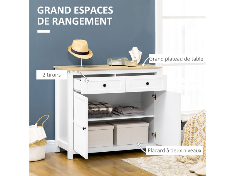  Commode meuble de rangement 2 portes avec étagère réglable en hauteur 2 tiroirs 100 x 40 x 85 cm blanc et aspect bois  - Conforama D
