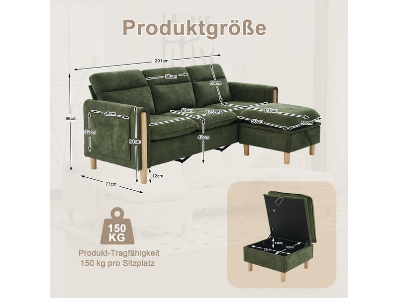Canapé d’angle modulable 3 places avec pouf de rangement, méridienne réversible, tissu chenille, poches latérales, vert - Conforama C