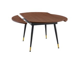 Table à manger extensible ronde à ovale noyer, plateau mdf, pieds métal avec accents dorés, 6 à 8 places
