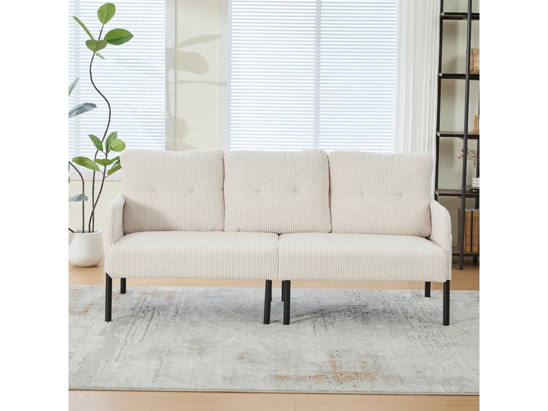  Canapé 3 places 171 x 72 x 80 cm, assise rembourrée, dossier haut, poches latérales, pieds en métal, velours côtelé, beige Bliss Lite - Conforama E