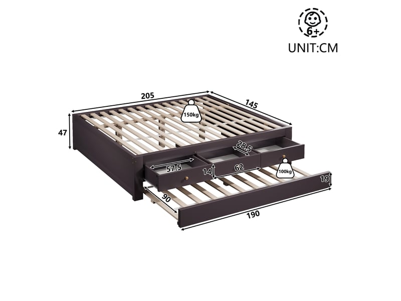 Lit double 140x200 cm - avec lit gigogne 90x190 cm et 3 tiroirs - sommier à lattes - mdf+pin - marron (sans matelas) - Conforama C