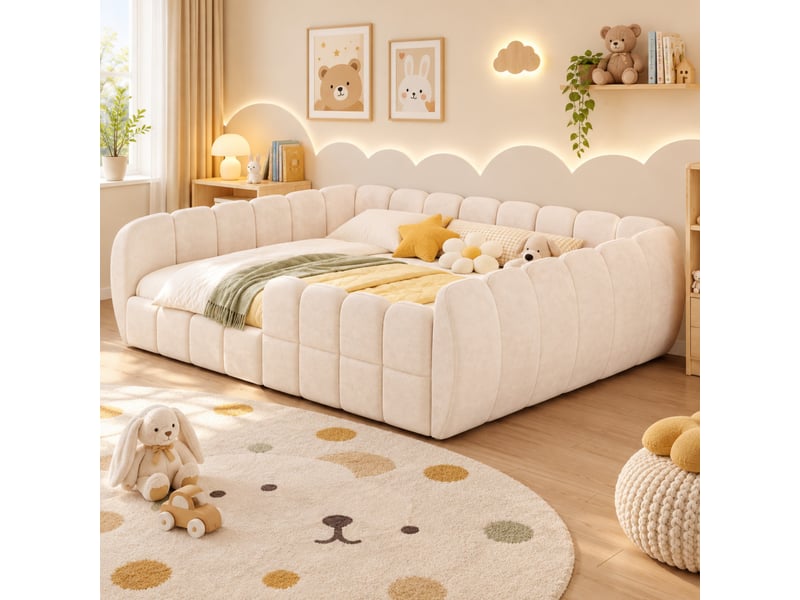  Lit enfant au sol 140x200 cm beige en velours, design fermé avec angles arrondis, sans matelas  - Conforama E