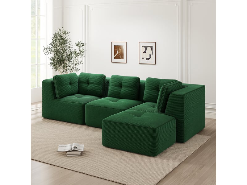  Canapé d’angle modulable 3 places velours côtelé vert – 297 x 177 x 69 cm Fay Lum - Conforama W