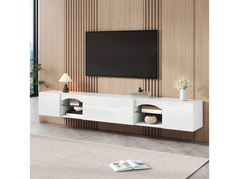  Meuble tv 200x30x28 cm avec led app, 4 portes, 2 niches, étagères en verre, finition brillante, blanc  - Conforama B