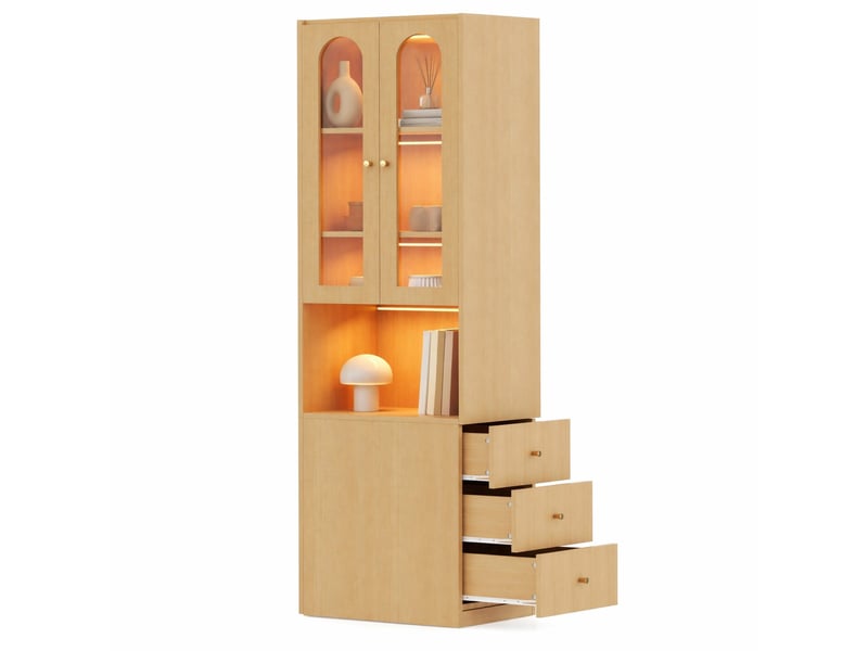  Bibliothèque haute 60x40x200 cm, led, vitrine en verre trempé, tiroirs latéraux, meuble salon et bureau, mdf, chêne  - Conforama A