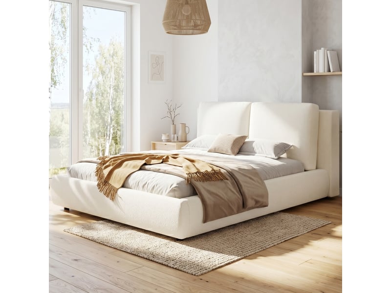  Lit coffre 160x200 cm, lit double, sommier à lattes, rangement hydraulique, tissu bouclé beige, tête de lit rembourrée  - Conforama R